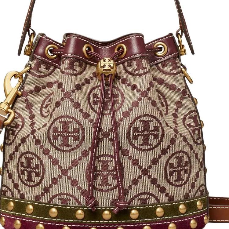 Tory Burch T Monogram Double T Logo Dutch Quilted Metal Ring Drawstring Bucket Bag Leather Shoulder Crossbody Tote Women bags Brown 138906-639