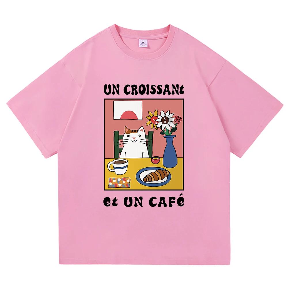French Cafe Cat T Shirt Fashion Women Summer Funny Letter Un Croissant Et Un Cafe Tshirt High Quality Casual Cotton Tees Shirts