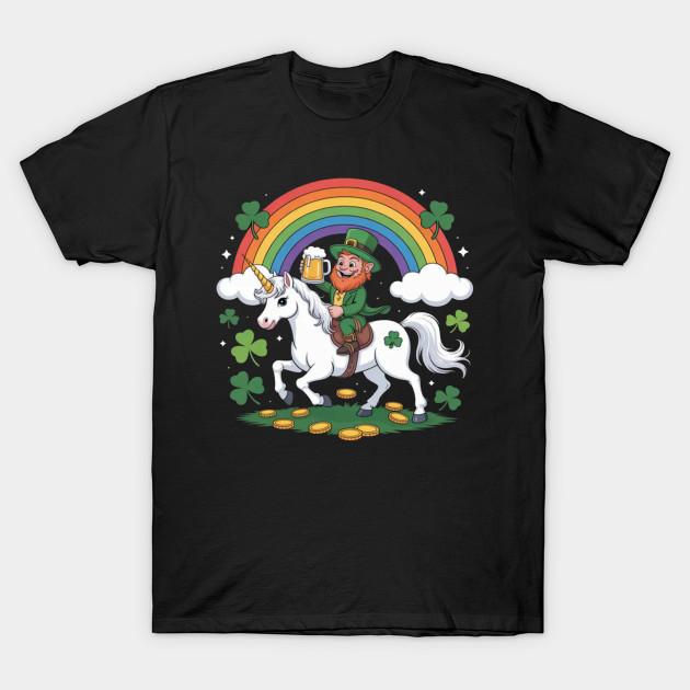 Men Black Print T-shirt St Patricks Day Lepricorn Holding Beer Riding Unicorn Lucky No-Cut Transfer Paper Print Cotton Tshirt 2XL