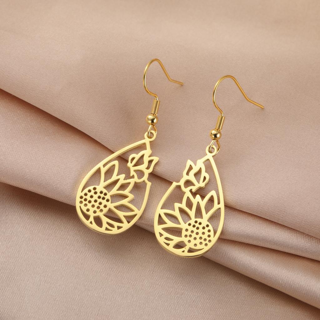Sunflower Butterfly Teardrop Pendant Earring Women Stainless Steel Gold Earrings Jewelry Valentine's Day Gift