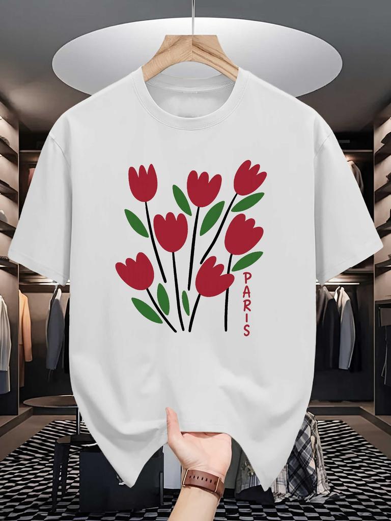 Unisex Crew Neck Tee Simple Red Tulip Paris Floral Graphic Print Soft Cotton Loose Short Sleeve Summer Casual Male Streetwear Tops