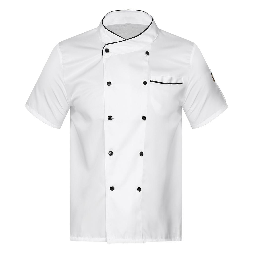 Mens Womens Unisex Chef Coat Double Breasted Design Contrast Color Trimming Cook Jacket Kitchen Uniform