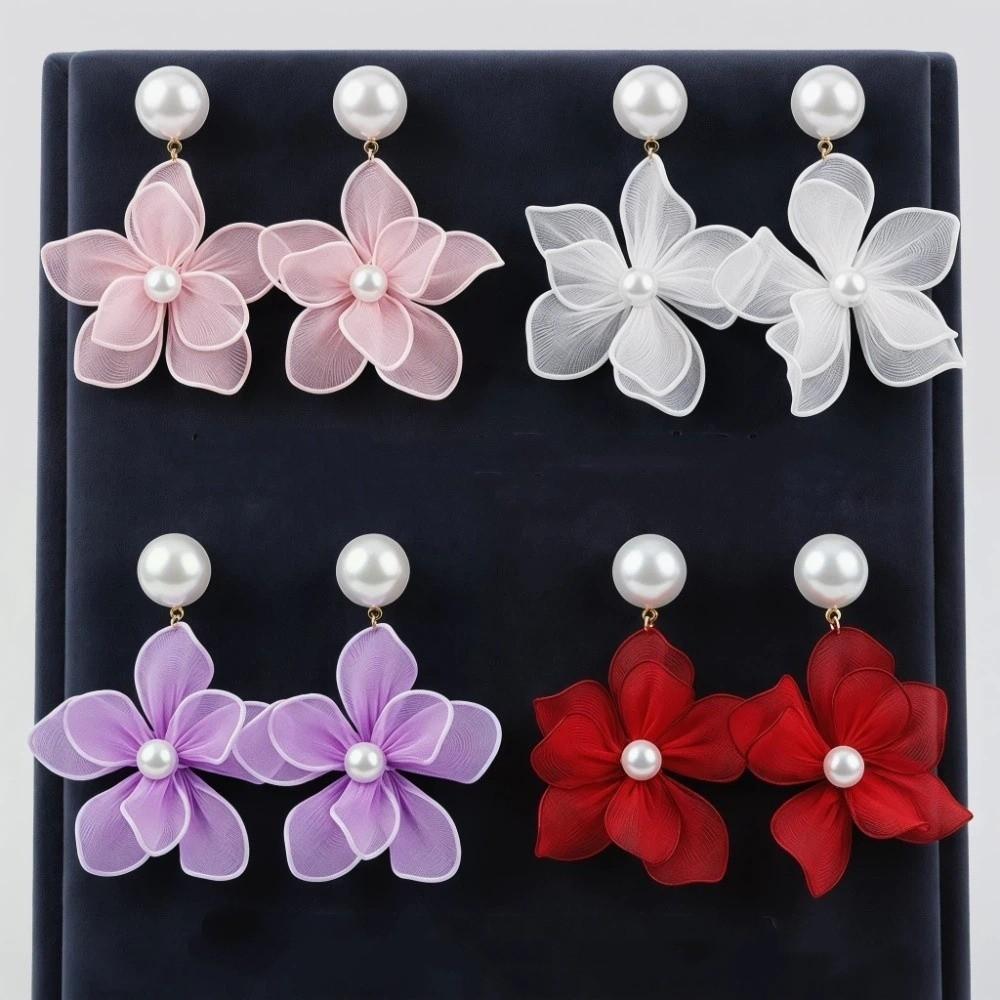 Exquisite Sweet Mesh Flower Dangle Earrings Elegant Pearl Beach Earrings Women Ear Jewelry Petals Stud Earrings Gifts