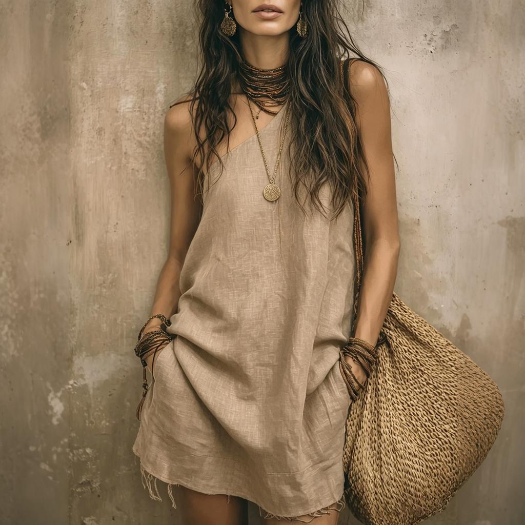 Women’s Casual Sleeveless Loose Fit Pocket Short Dress Cotton Linen Asymmetric Neckline Summer Tunic Style