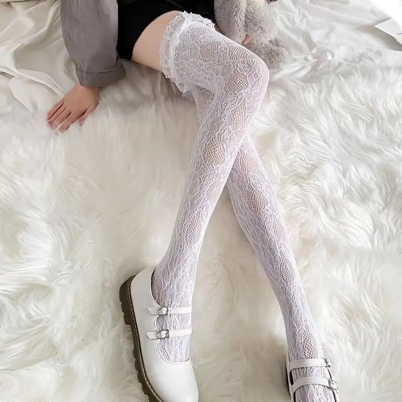 New Lolita Long Tube White Lace Mesh Female Over-knee High-tube Thigh Middle-tube Calf Socks Thin Section Jk Black And White