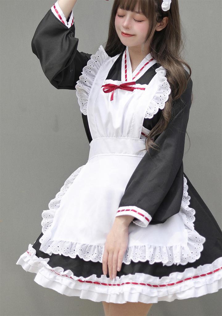 YZZYQQ Cute Maid Costume, Cosplay Set, Women's, Cute Cosplay Dress, Japanese-Style Maid Outfit, Long Sleeves, Chinese Style, Black, Size XL