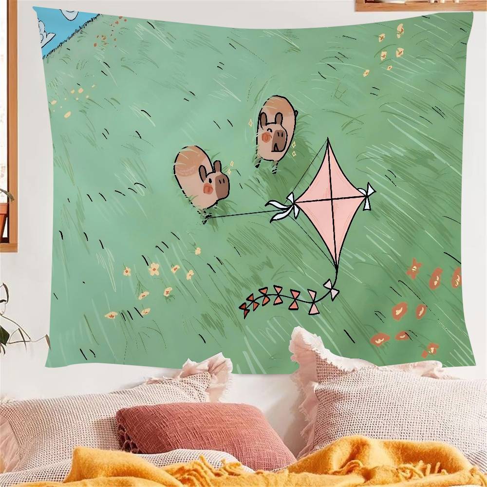 Süße Capybara Cartoon Sommer Wandteppich Kunstdruck Japanischer Wandbehang Anime Wandbehang Heimdekoration