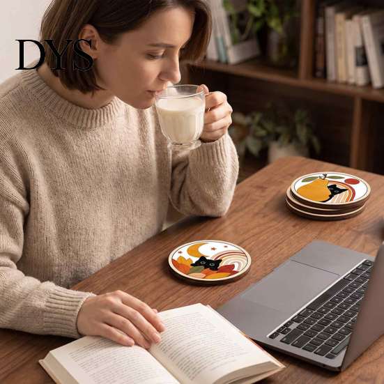 Stackable Coaster Set 4PCS Black Cat Acrylic Coasters, Christmas Festive Tabletop Coffee Table Protection Pads Mats, Non-Slip Rounded Coasters