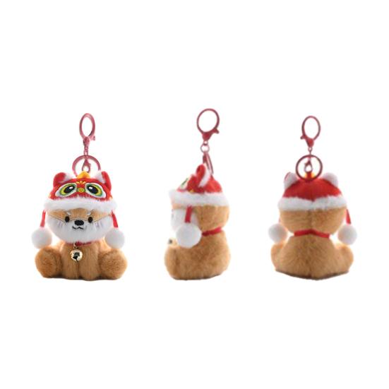 Plush Pendant Lion Dance Dog Keychain Soft Plush Doll Ornament with Hat And Bell Pendant