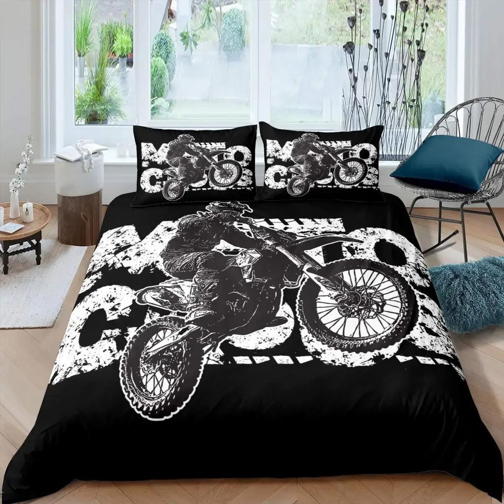 Luxury Bedding Set Motorcycle Print Queen Size Duvet Cover Set with Pillowcase Motocross Bedspread Boy's Bed Set for Home Decor