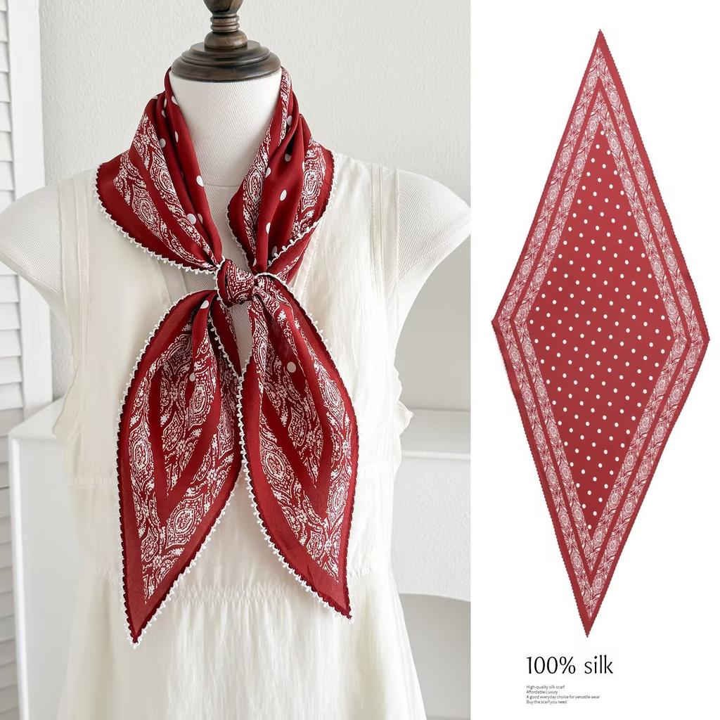 Spring new retro 111 mulberry silk silk scarf fashion temperament silk double crepe lace rhombus scarf accessories
