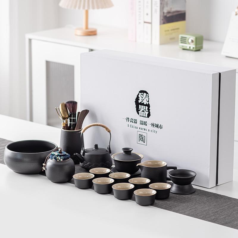 High-end Black Pottery Kung Fu Tea Set Home Living Room Simple Ceramic Dry Brew Tea Tray Light Luxury Modern Large Set Gift Box