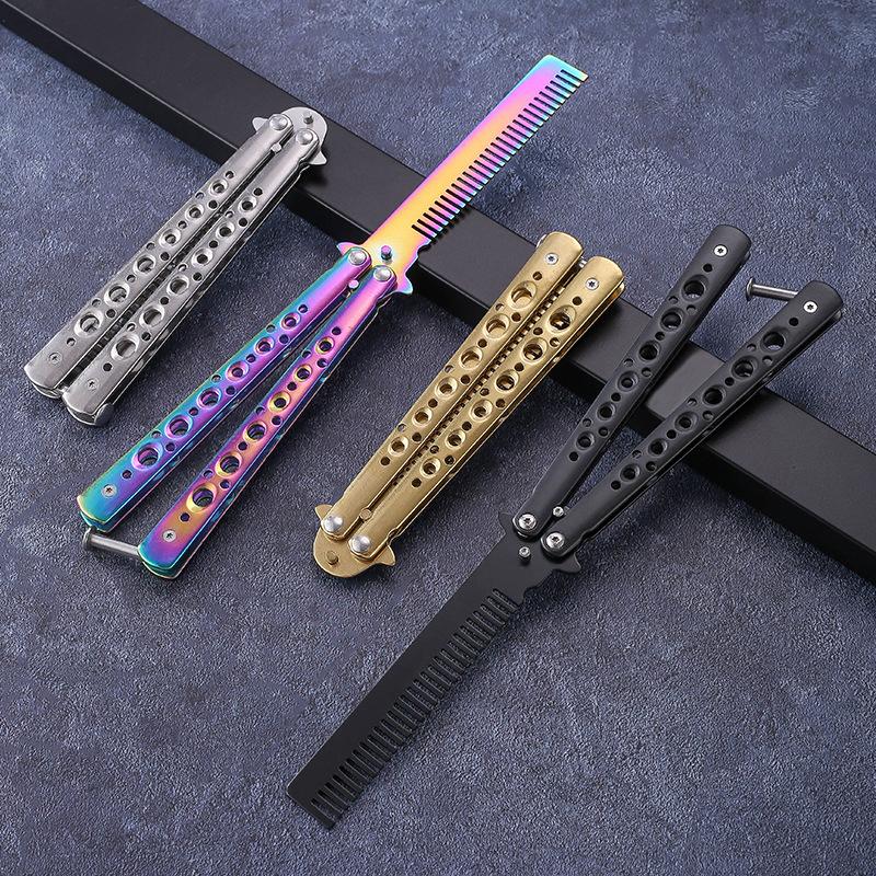 Professional Stainless Steel Folding Butterfly Knife Portable Training Beard Comb Hair Styling Tool for Salons and Practice Comb