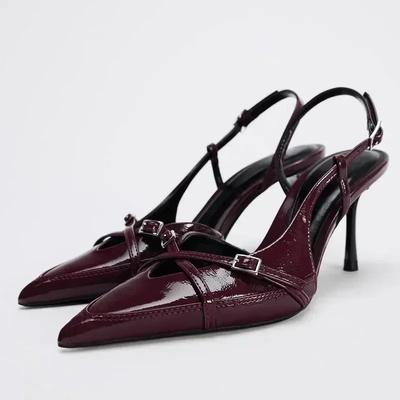 Fashion High Quality Burgundy Patent Leather High Heels Women Elegant Pointed Toe Thin High Heeled Sandals Fashion Banquet Evening Shoes