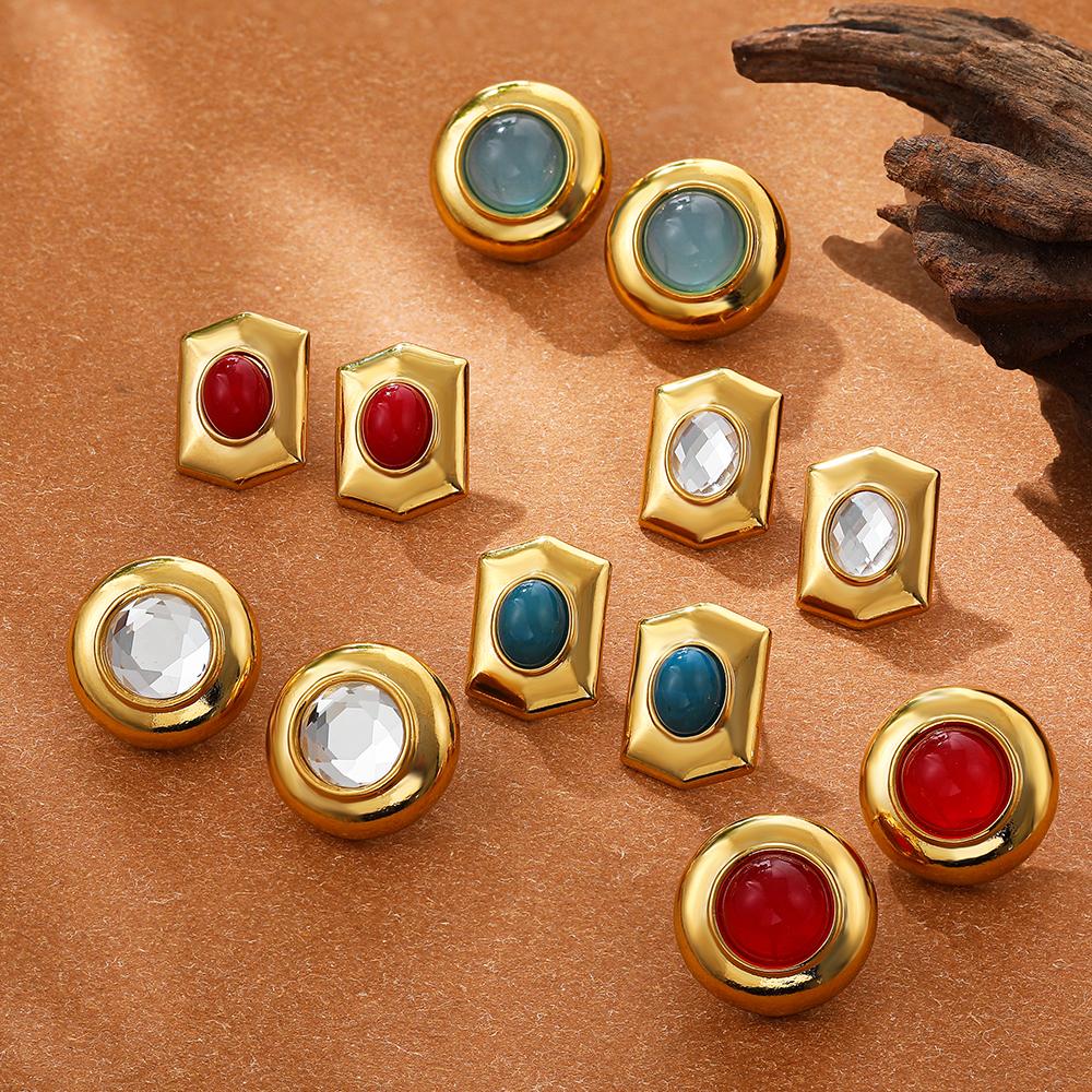 Retro Ethnic Natural Stone Round Earrings for Women Gold Plated Stainless Steel Geometric Piercing Earring Studs Boho Zircon