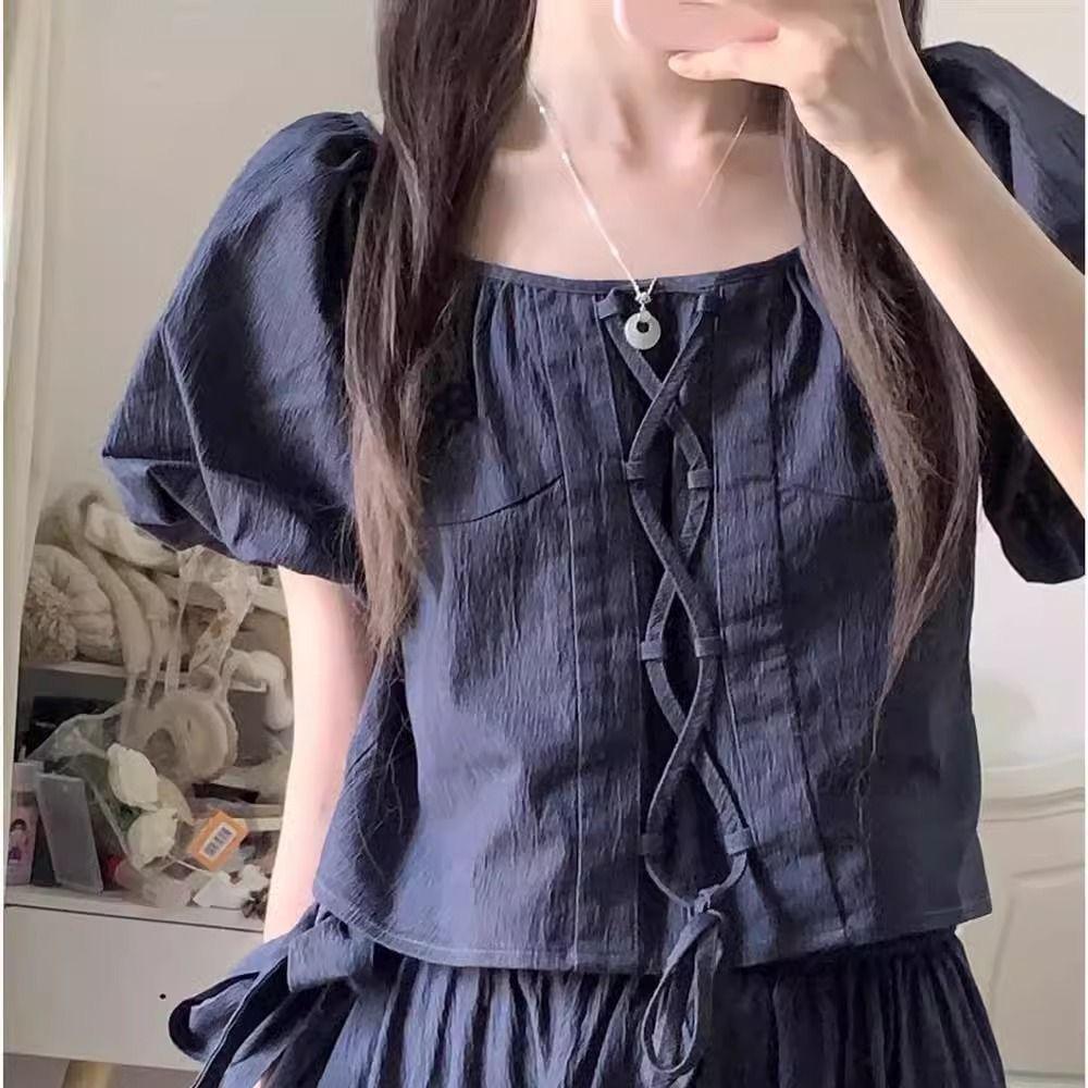 

High-Waist Slimming Two-Piece Skirt Set with Lace-Up Design - Casual Summer Midi Top for Women S (Weight under 90 lbs)