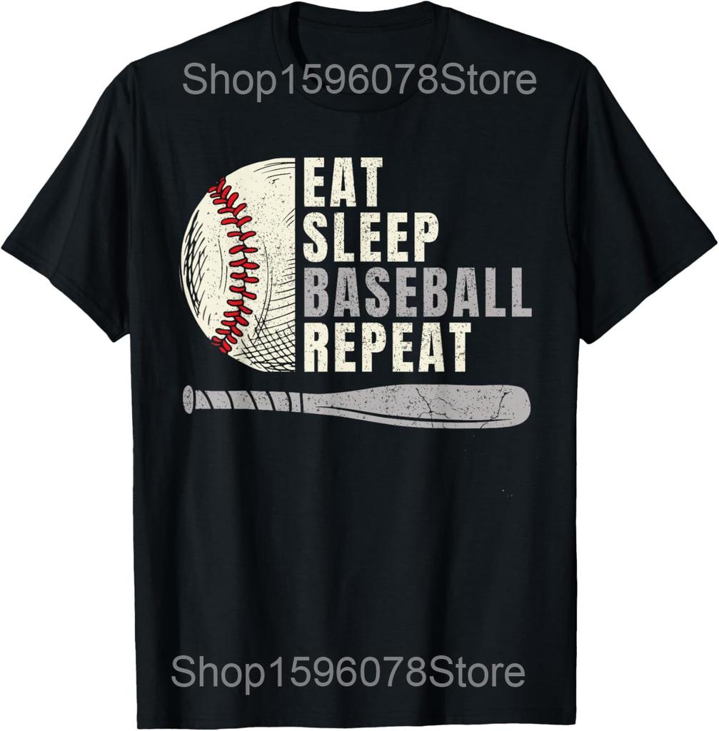 Funny Eat Sleep Baseball Repeat T Shirts Men Pure Cotton Humor Streetwear Tee Shirt Short Sleeve Unisex Loose Clothing