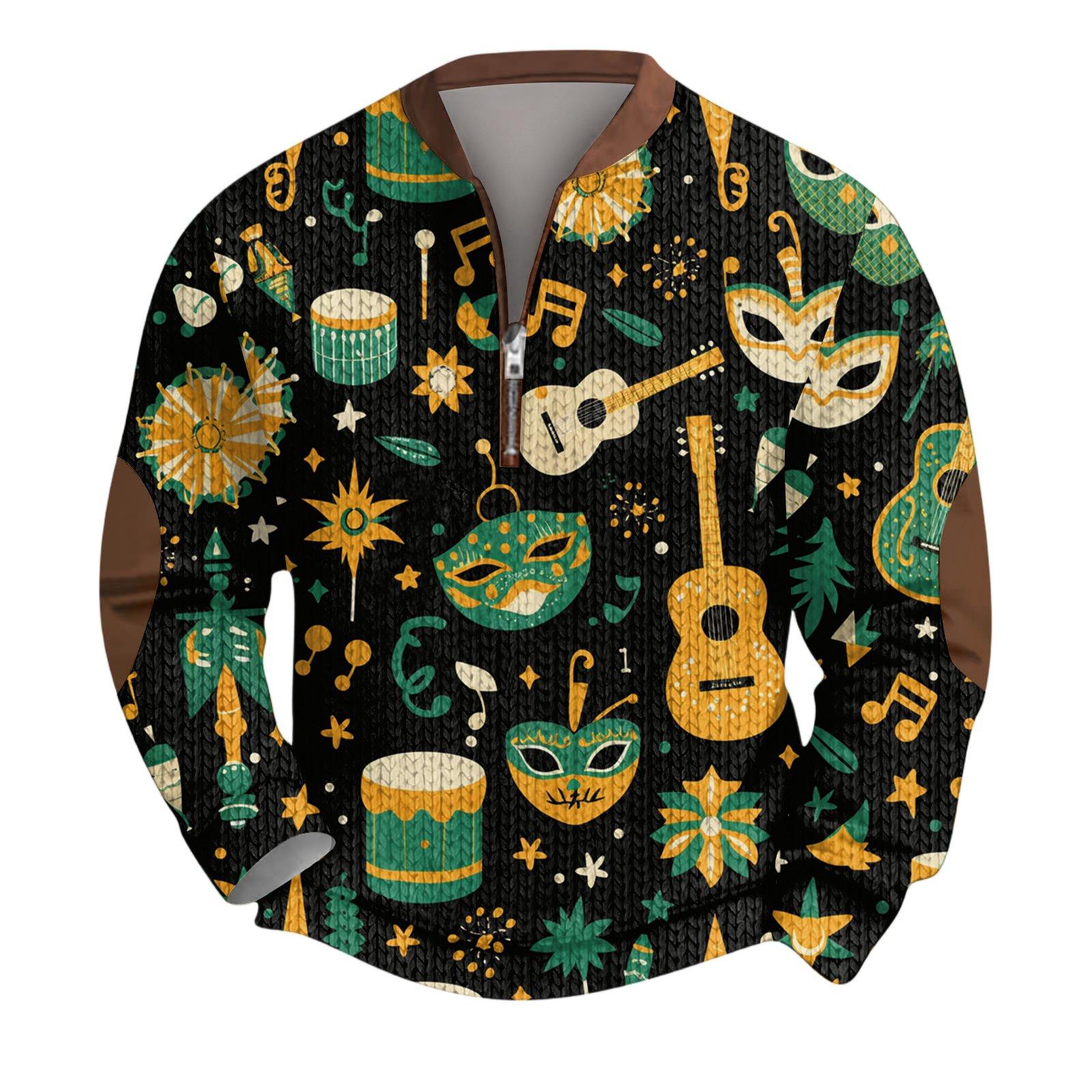

Mens Christmas Sweater Zip Up Sweatshirts Vintage Knit Graphic Sweatshirt CarnivalStand Collar Pullover XXXL