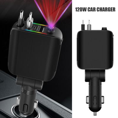Einziehbares Autoladegerät, 120 W, 4-Port-USB-C-Autoladegerät-Adapter für iPhone, Autoladegerät für mehrere Geräte, Autoladegerät für Android
