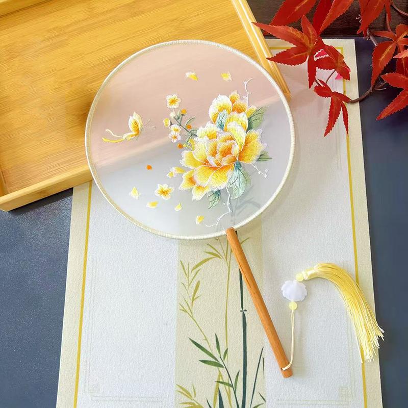 Vintage Doppelseitiger Fächer Blume Stickerei Handfächer Traditionelle Chinesische Kunst Handwerk Hanfu Tanzparty Zubehör Performance Requisiten