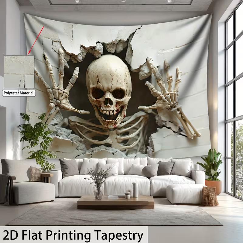 2D Spooky Skeleton Tapestry for Halloween Scary Skull Breaking Wall Hanging for Living Room Bedroom