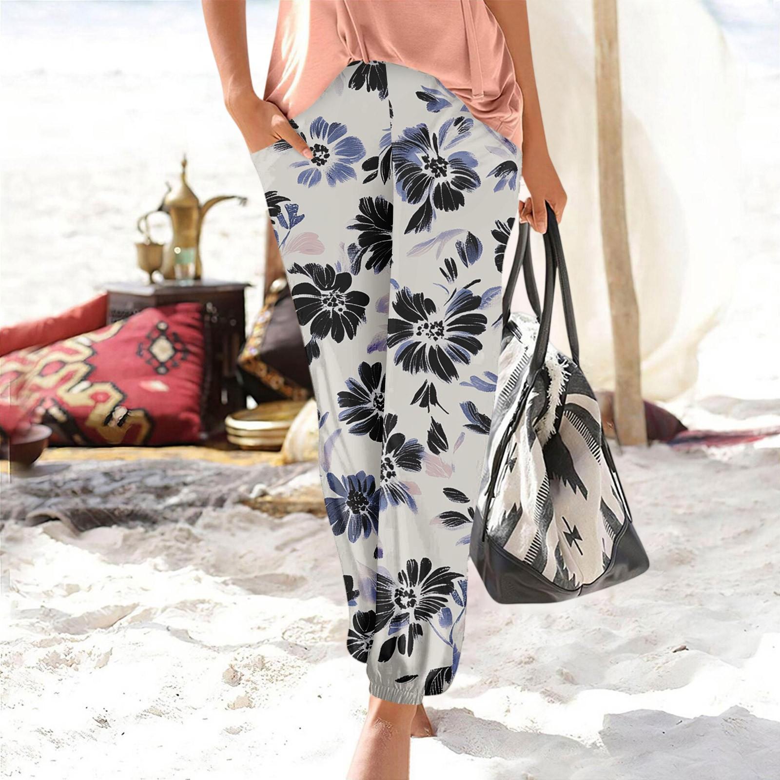 

Брюки для женщин, повседневные летние пляжные эластичные свободные брюки с принтом XXL светло-серый