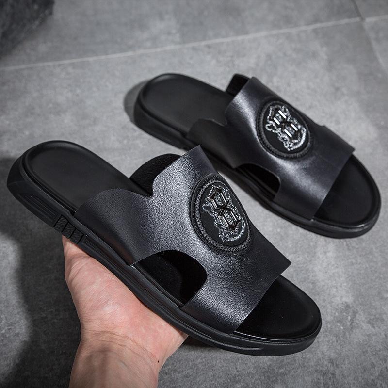 Plain version dynamic cool slippers men's summer toe flip-flops men's cowhide sandals men's shoes first layer beach shoes comfortable