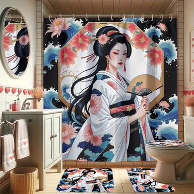 Elegant Geisha Bathroom Set: Waterproof Shower Curtain, Soft Contour Rug, Stylish Toilet Lid Cover, Non-Slip Bathtub Mat