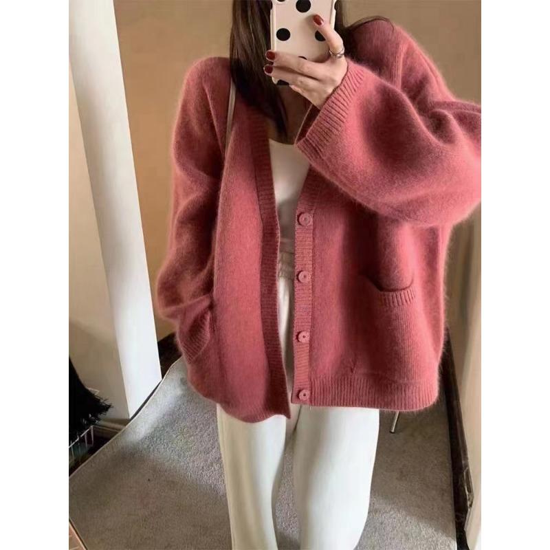 Vintage V-neck knitted cardigan women's autumn and winter new wind sweater large size jacket loose and versatile top