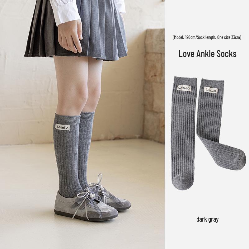 Girls' Knee-High Heart Letter Socks - Versatile Mid-Calf Spring/Autumn Ins Pile Socks