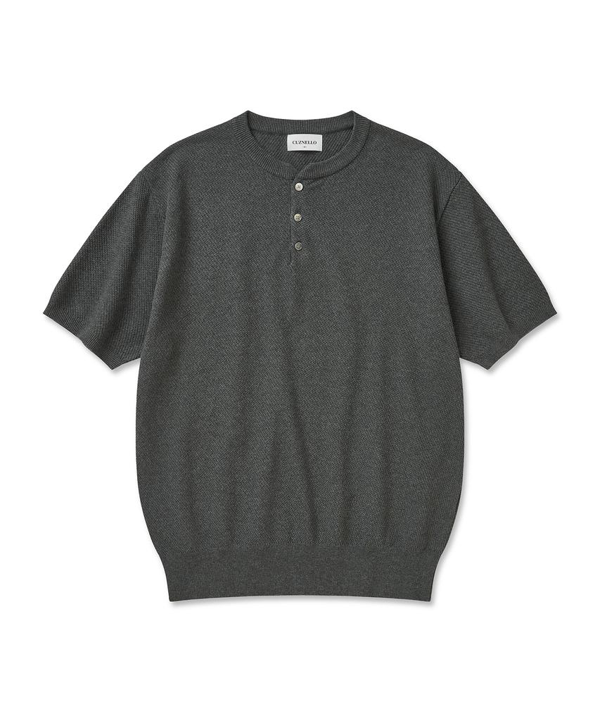 CUZNELLO Cool Cotton Henley Neck Short Sleeve Knit_Charcoal