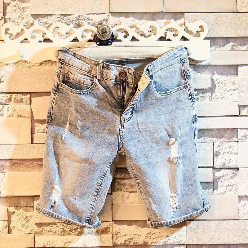 

Summer Elastic Men s Fashion Ripped Slim Fit Korean Five-Pocket Shorts 28 светло-синий