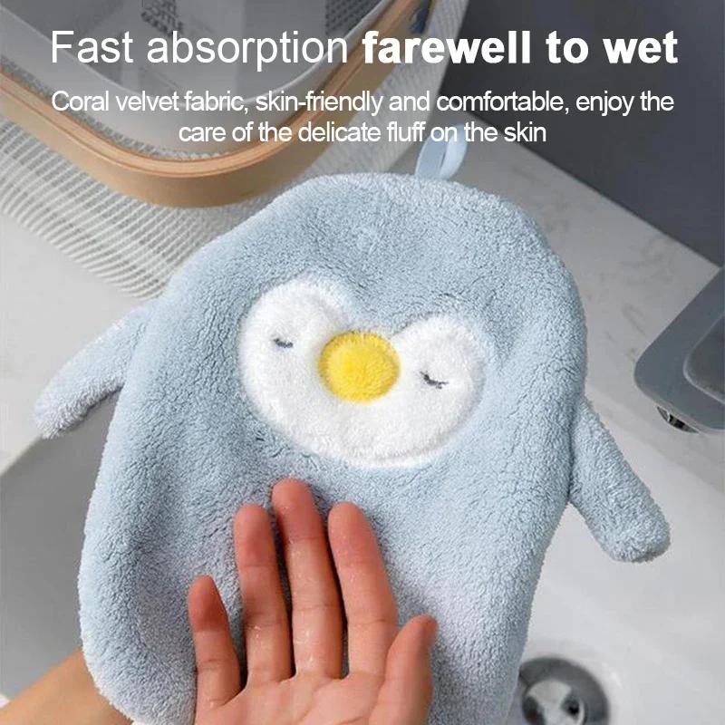 Hand Towel Kitchen Bathroom Draped Coral Velvet Cartoon Penguin Hand Towel Animal Thickening Absorbent