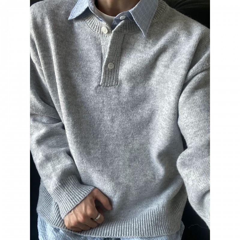 Mens Vintage Fake Two-Piece Knit Shirt Retro Collar Casual Sweater Teens