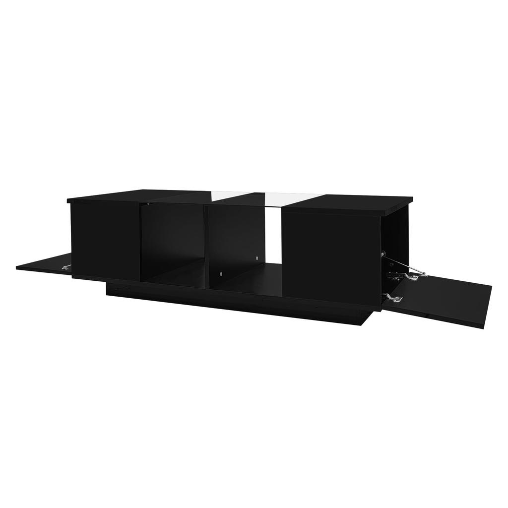 Coffee Table, LED Living Room Table with Storage Space, High-gloss Table with Glass Shelf, Modern Sofa Table with Two Doors