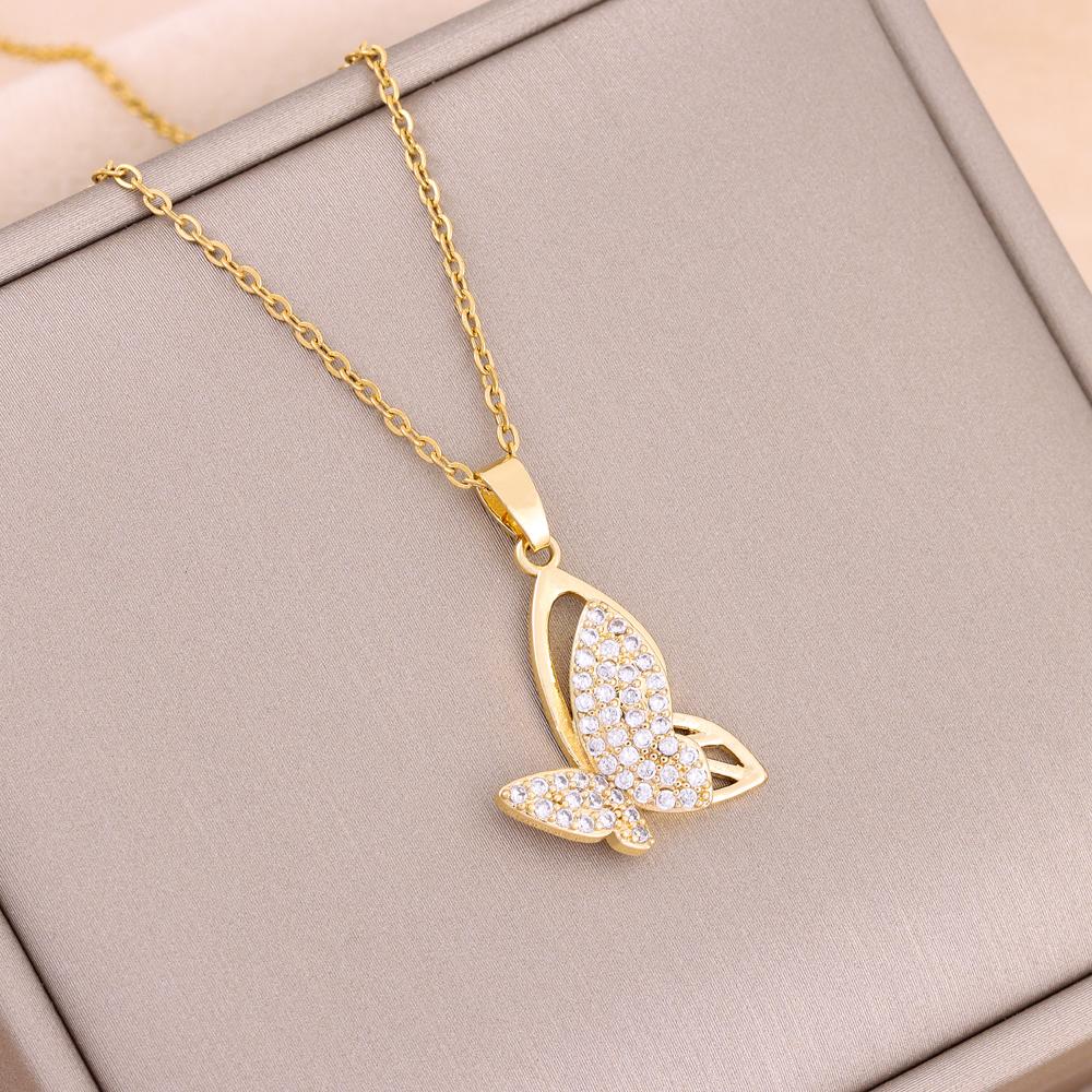 Trendy 18K Gold Plated Zircon Crystal Pendant Stainless Steel Necklace for Women Female Clavicle Chain Jewelry Lady Accessories