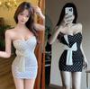 Sexy gepunktetes Bandeau-Oberteil mit Schleife, One-Shoulder-Kleid, eng anliegender Hüftrock