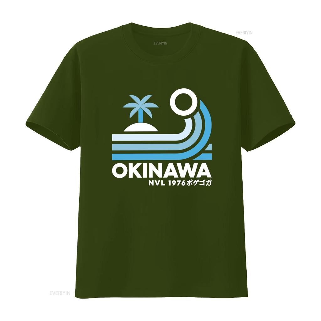 Mens Japan Okinawa Retro Style T Shirt with Palm Wave Design and Lettering Print Fashion Streetwear for Summer Vibes Vintage