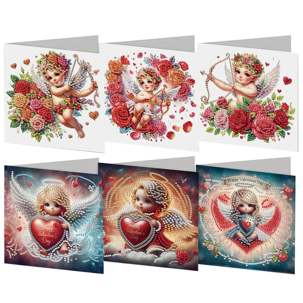 6Pcs Valentines Day Angel DIY Diamond Painting Card Diamond Drawing Card Diamond Painting Greeting Card for Family Friends Gift