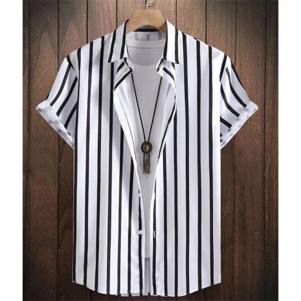 New Summer Men Clothes Short Sleeve Stripe Shirt Tops Men Casual Beach Shirt Tops