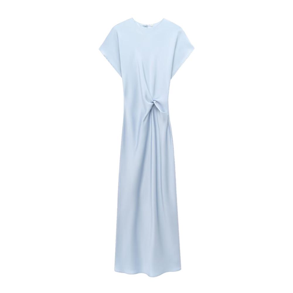 2025 Spring/Summer Women's Silk Satin Pleated Pullover Dress with Round Neck and Short Sleeves