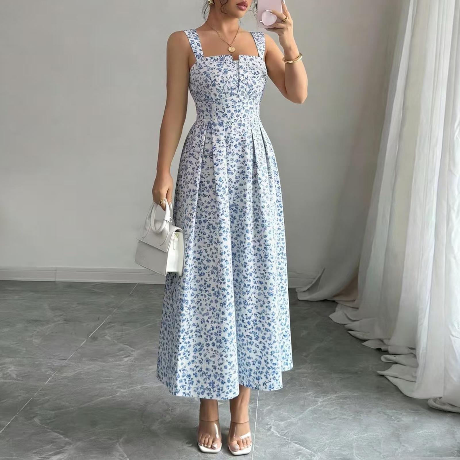 

Women Sleeveless Backless Floral Print Maxi Dress with Adjustable Straps and Fitted Waist Summer Casual Sundress L синій