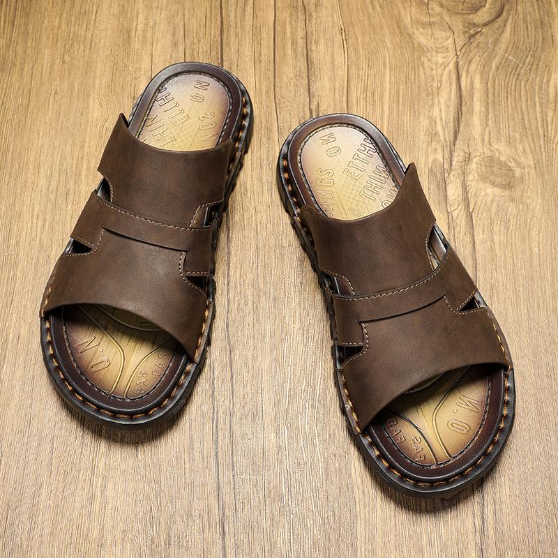 

Handmade men s leather slippers summer wear non-slip simple one-word soft leather soft bottom microfiber men s slippers 43
