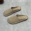 Johnature Handmade Cowhide Slippers Round Toe Flat Hollow-out Breathable Genuine Leather Slides