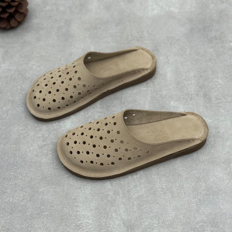 Johnature Handmade Cowhide Slippers Round Toe Flat Hollow-out Breathable Genuine Leather Slides