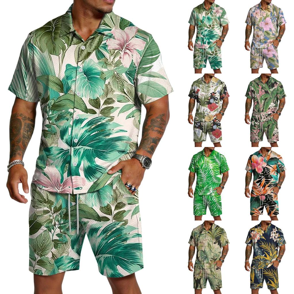 Conjunto casual de dos piezas para hombre con estampado, top ligero y transpirable con pantalones cortos de cordón