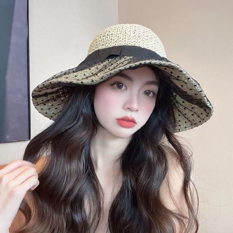 

Foreign style polka dot mesh hollow bucket hat sun hat children straw hat basin hat vacation travel bucket hat
