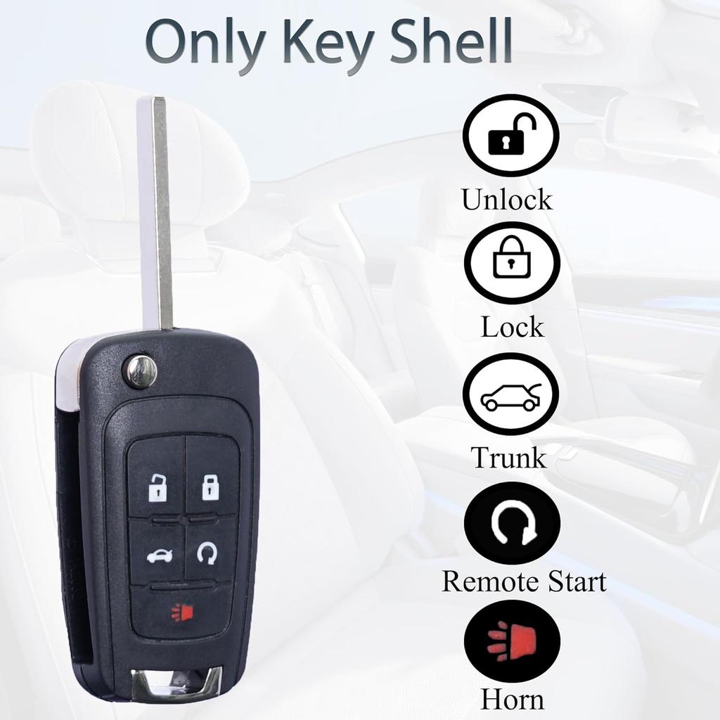 Flip Key Fob Shell Case Replacement Fits For Chevrolet Cruze Malibu Equinox Sonic Impala GMC Terrain Buick Lacrosse Regal Verano Encore 2010- Keyless