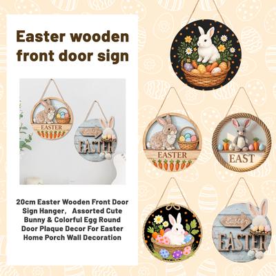 Cintre de Porte d'Entrée en Bois de Pâques 20cm, Assortiment de Lapins Mignons & Œufs Colorés Plaque Ronde pour Porte Décoration de Porche de Maison de Pâques Décoration Murale