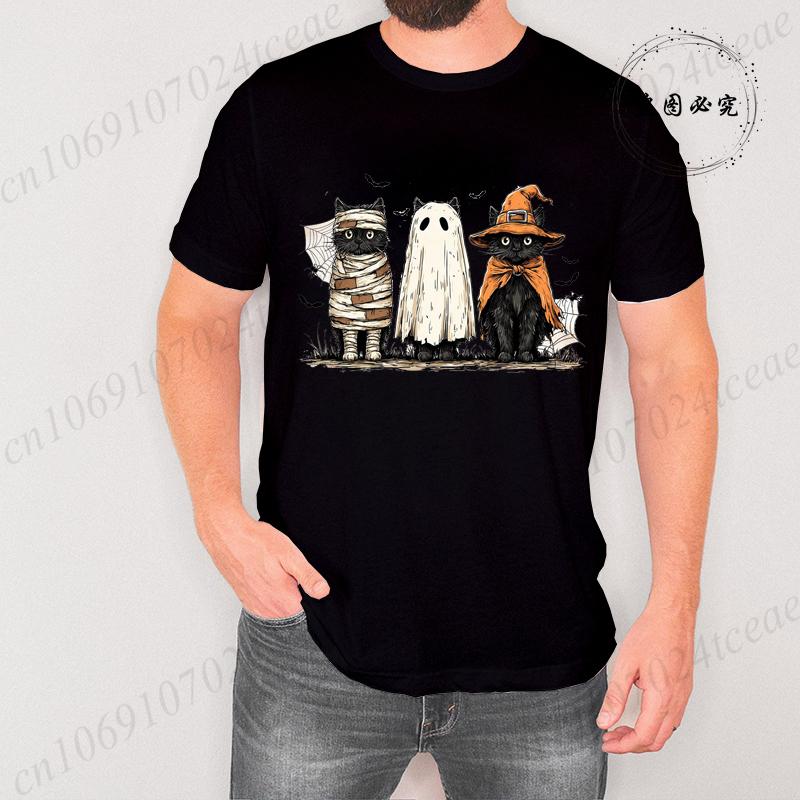 Mens TShirts Black Cat Pumpkin Print TShirt Funny Retro Halloween Graphic Tees for Men Women Clothes Tops Short Sleeve Shirts